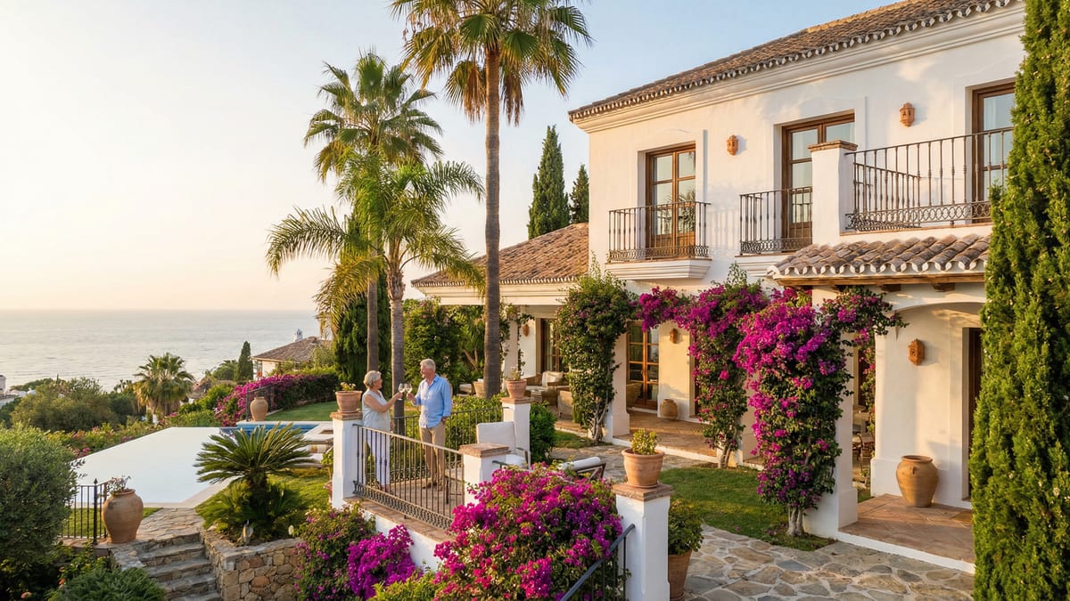 Kaunis Välimeren villa Costa del Solilla, valkoiset seinät ja terrakottakatto, pariskunta nauttii viiniä terassilla merinäköalalla.