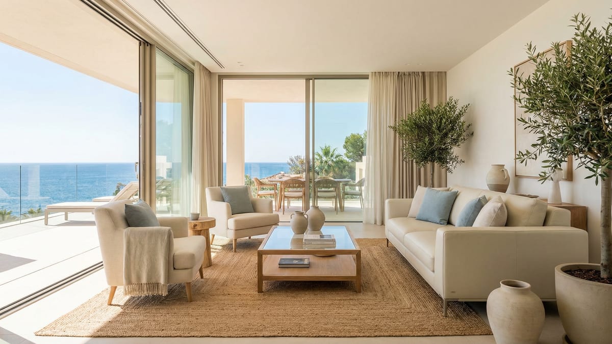 Une villa méditerranéenne moderne sur la Costa del Sol présentant une architecture élégante, des jardins luxuriants et une terrasse extérieure sereine sous un ciel bleu éclatant.