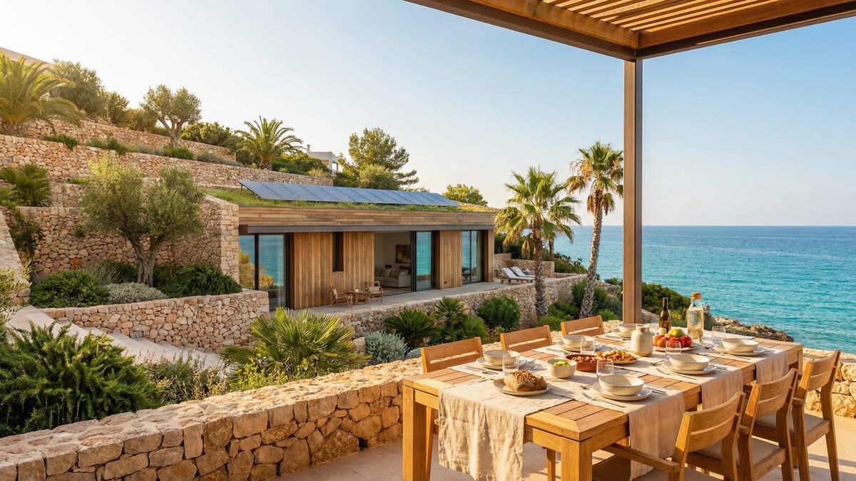 A modern sustainable villa terrace overlooking the Mediterranean Sea in Costa del Sol, featuring solar panels and lush greenery at golden hour.