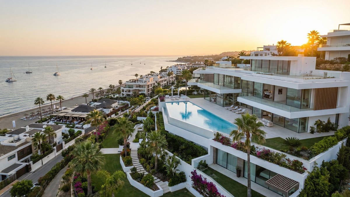 Upeasta ilmakuvasta näkyy moderni luksusasunto Costa del Solilla, jossa on suuria lasiseiniä ja infinity-uima-allas merinäköalalla.