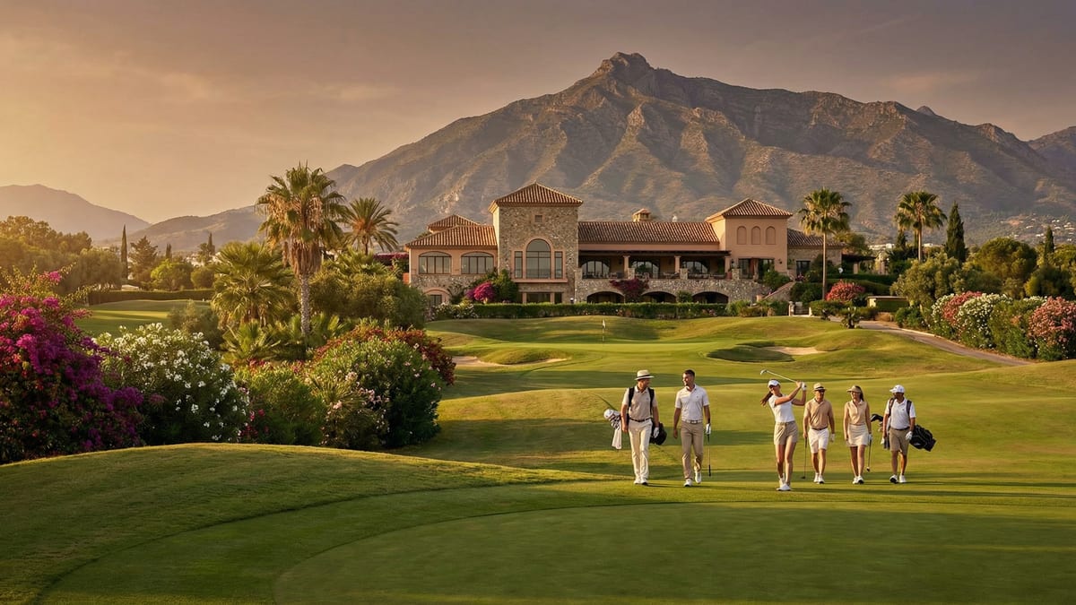 Vue panoramique d'un prestigieux parcours de golf sur la Costa del Sol, avec des golfeurs en action, entouré de la végétation vibrante et des montagnes de la Sierra Blanca au coucher du soleil.