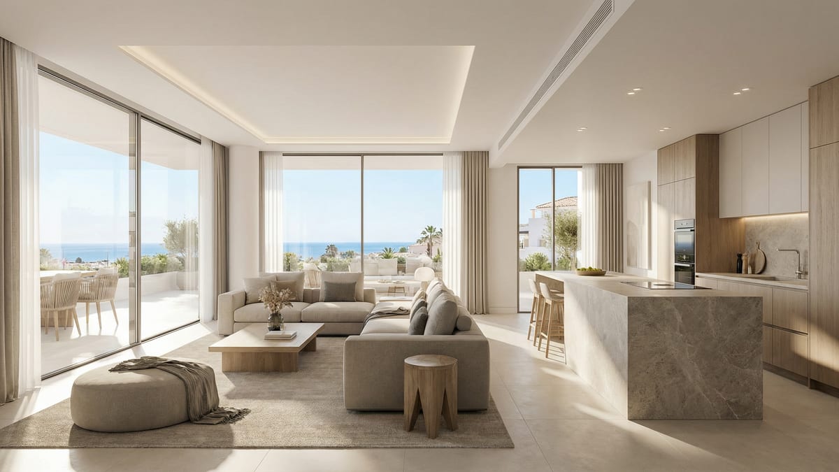 Eine moderne mediterrane Villa an der Costa del Sol mit eleganter Architektur, üppigen Gärten und einer ruhigen Außenterrasse unter strahlend blauem Himmel.