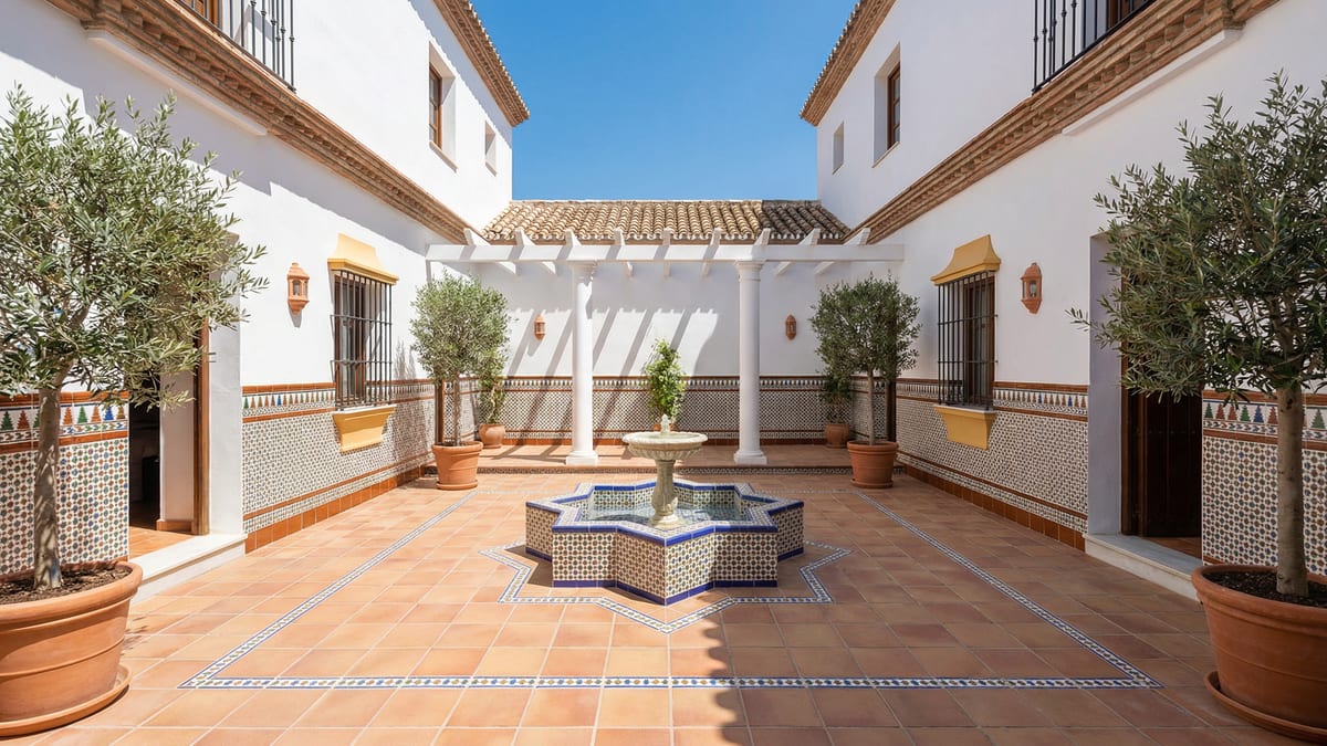 Eine moderne mediterrane Villa an der Costa del Sol mit eleganter Architektur, üppigen Gärten und einer ruhigen Außenterrasse unter einem strahlend blauen Himmel.