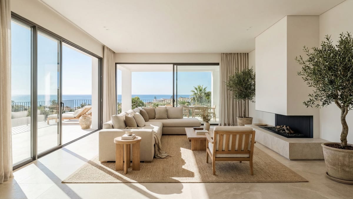 Eine moderne mediterrane Villa an der Costa del Sol, die elegante Architektur, üppige Gärten und eine ruhige Außenterrasse unter einem strahlend blauen Himmel zeigt.