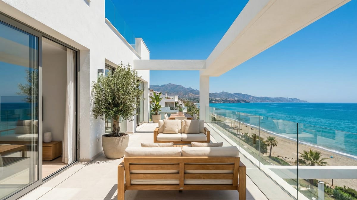 Een moderne mediterrane villa in Costa del Sol met elegante architectuur, weelderige tuinen en een serene buitenterras onder een levendige blauwe lucht.