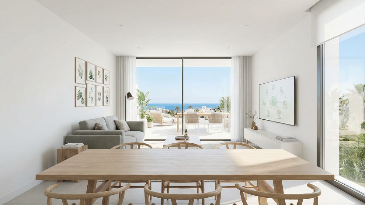 Een moderne mediterrane villa aan de Costa del Sol met elegante architectuur, weelderige tuinen en een sereen buitenterras onder een felblauwe lucht.