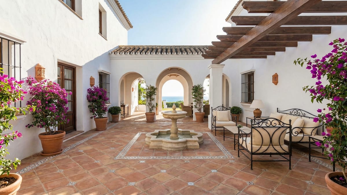 Een moderne mediterrane villa in Costa del Sol met elegante architectuur, weelderige tuinen en een sereen buitenterras onder een levendige blauwe lucht.